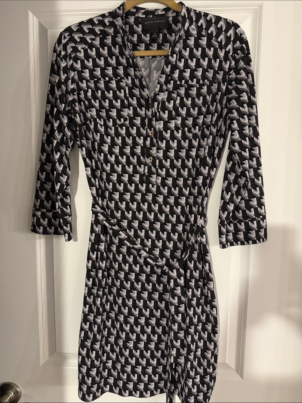 Donna Morgan Black and White Geometric Wrap Dress